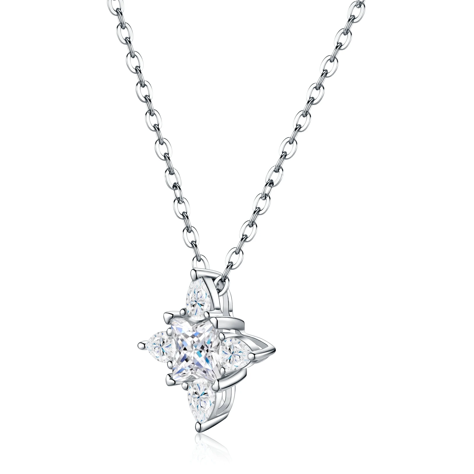 S925Sterling Silver Four‑Point Flower Moissanite Necklace, D‑Color Sparkling Pendant, Hypoallergenic Fine Jewelry Gift for Women