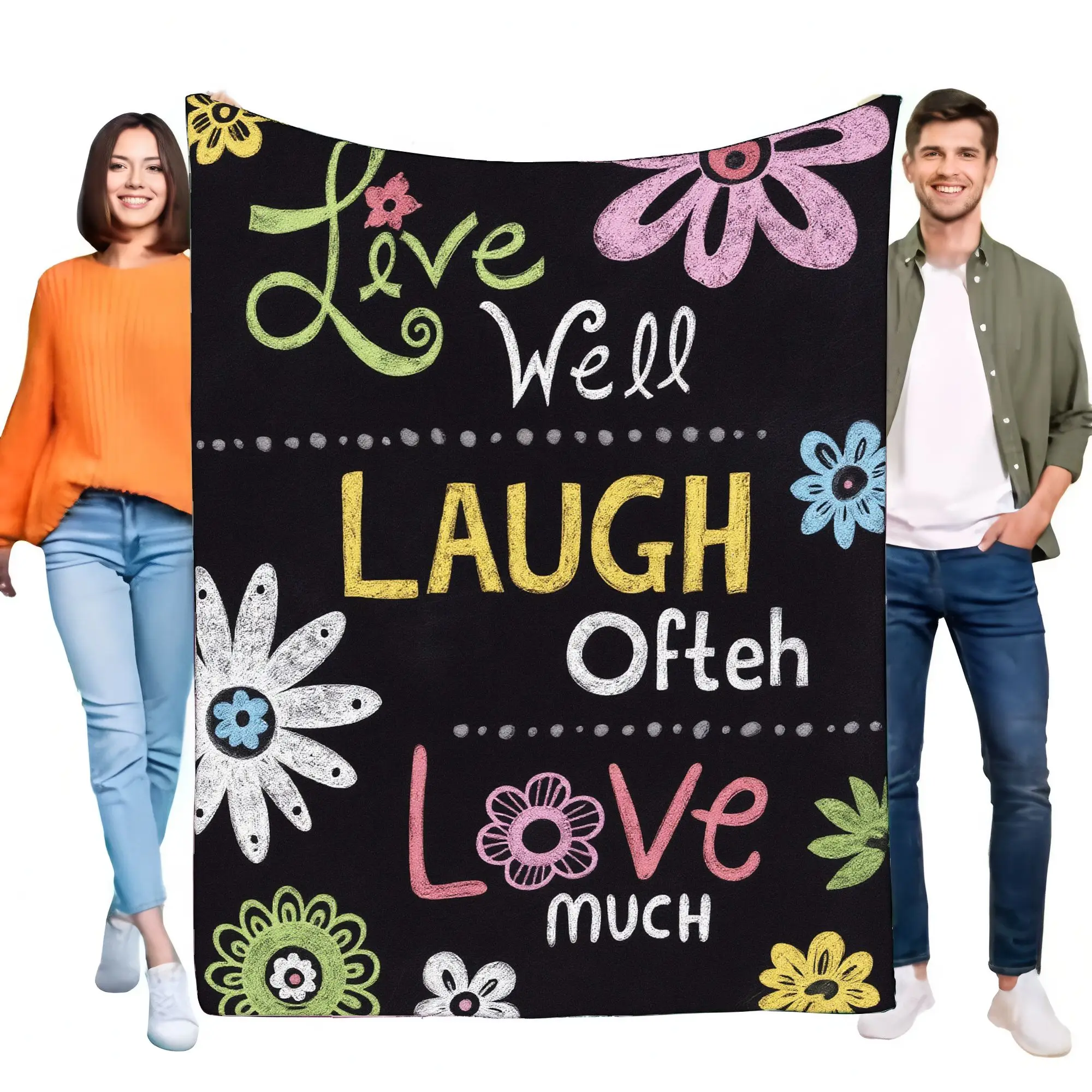 Colorful Inspirational Quotes Blanket - Live Well Laugh Often Love Much - Soft Black Throw with Floral Illustrations - Cozy Bed