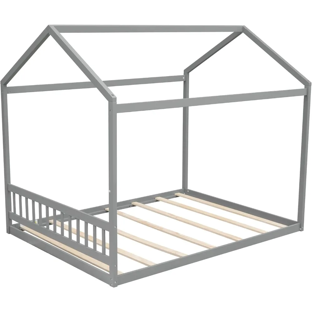 إطار سرير خشبي بحجم كوين للأولاد والبنات والأطفال والكبار والأطفال الصغار مع لوح رأسي، رمادي #5