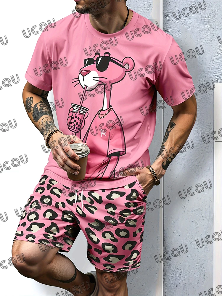 2026 الصيف الرجال رياضية الكرتون الوردي النمر طباعة قصيرة الأكمام قميص + السراويل مجموعات عارضة المنزل دعوى زوجين 2 قطعة وتتسابق #2
