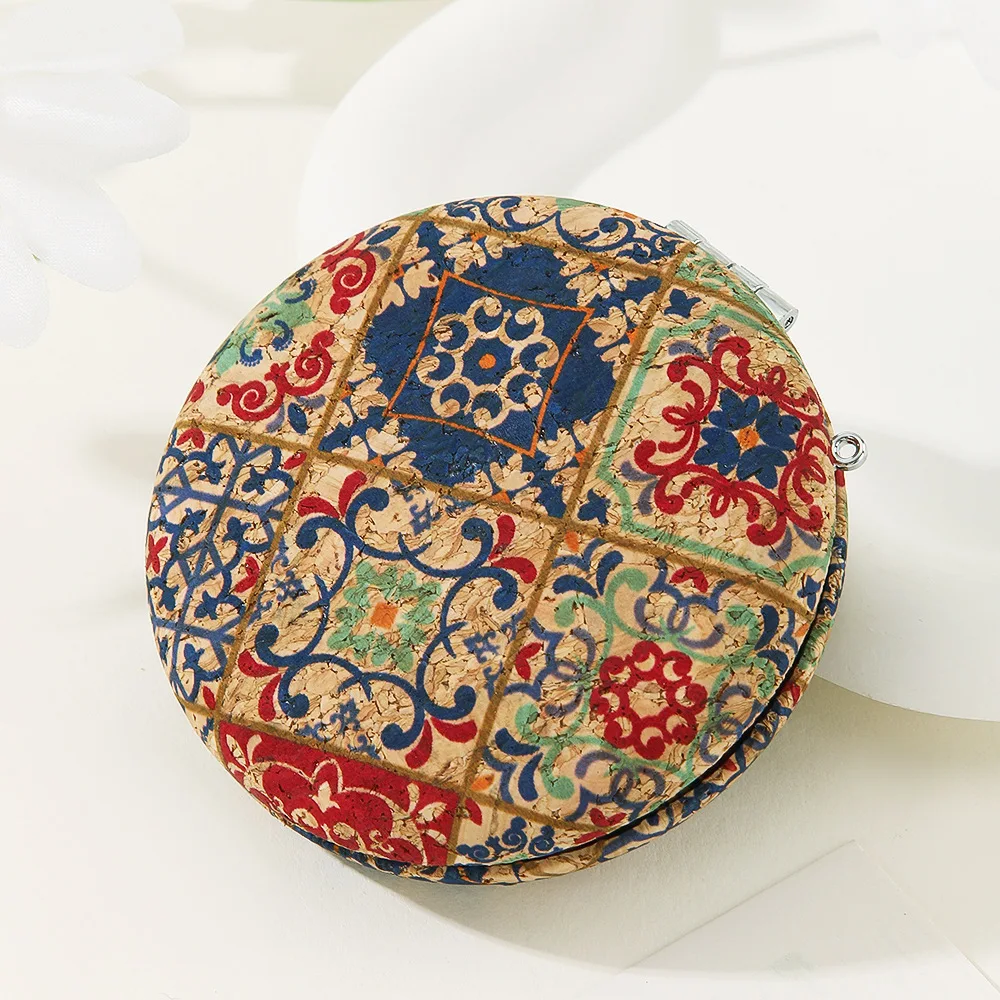 Okrągłe lusterko do makijażu z korku w stylu vintage, przenośne lusterko kieszonkowe podróżne dla kobiet i dziewcząt, składane dwustronne lusterka kosmetyczne.