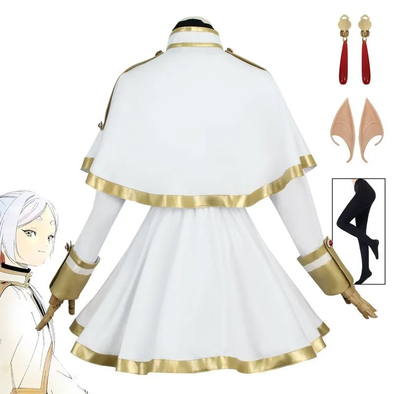 Frying Cosplay Costume Anime Friar Beyond Journey's End White Dress Uniform Ears Earrings Wig Halloween Party Women Cosplay