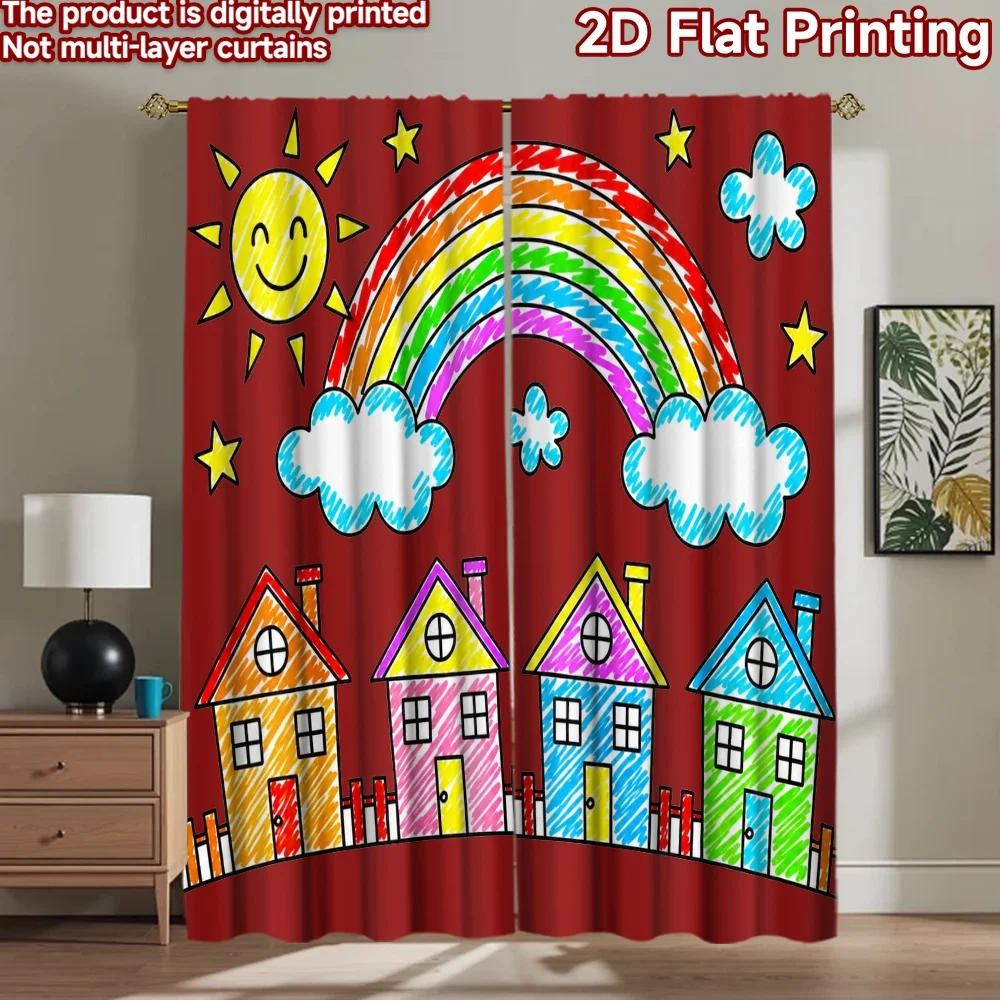 2D flat 2pcs Curtain Modern Minimalist Style Curtains Rainbow Sky Houses Scene Digitally printed polyester Festive Holiday Use