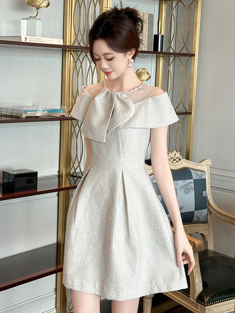 Elegant Pretty Party Dress Women's Cute kawaii Bow Sheer Mesh Splice Diamonds Pleated Ball Gown Female Night Out Vestidos Lady