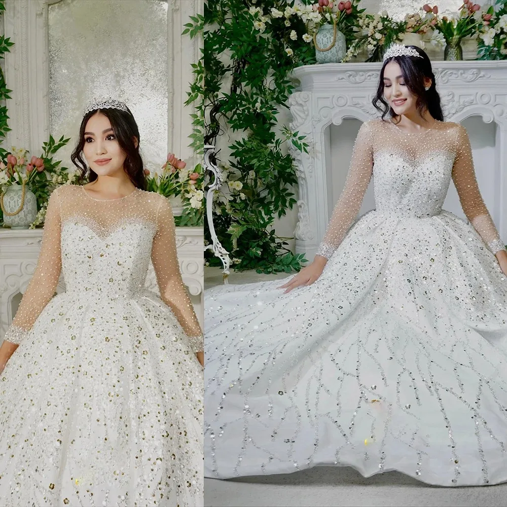 

Customized 2026 New Luxury Ball Gown Wedding Dresses O-Neck Sequins Long Sleeve Bridal Gowns Prom Dresses Vestido de novia