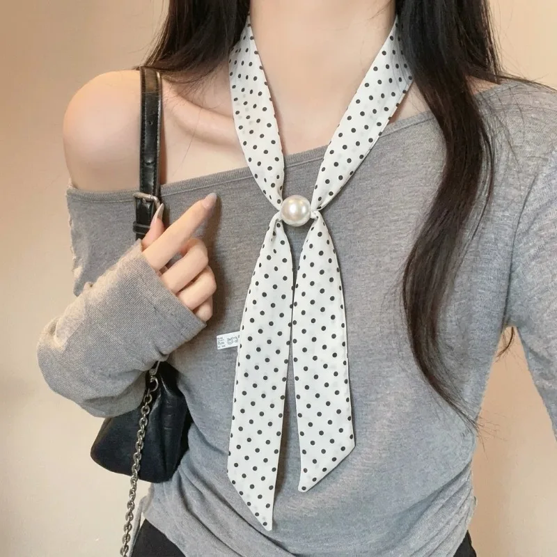Classic Retro Polka Dot Printed Scarf Adorned with Pearls Thin Soft Neck Scarf Multifunctional Headscarf Handbag Tie Women Wear