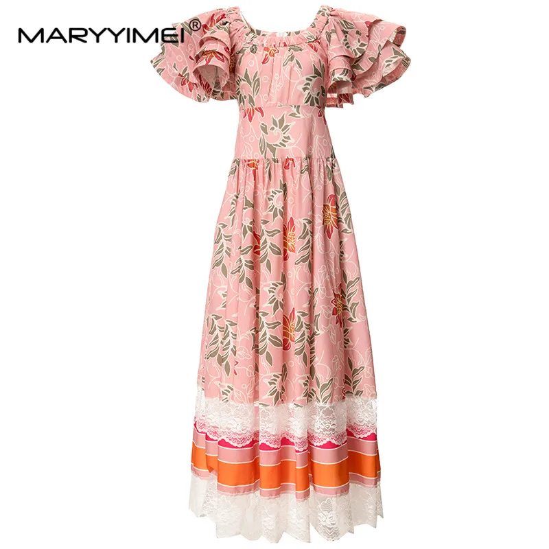 

MARYYIMEI Fashion Women's 2024 Spring Round Neck Pile Up Sleeves Flounced Edge Lace Patchwork Printed Elegant Ball Gown Dress