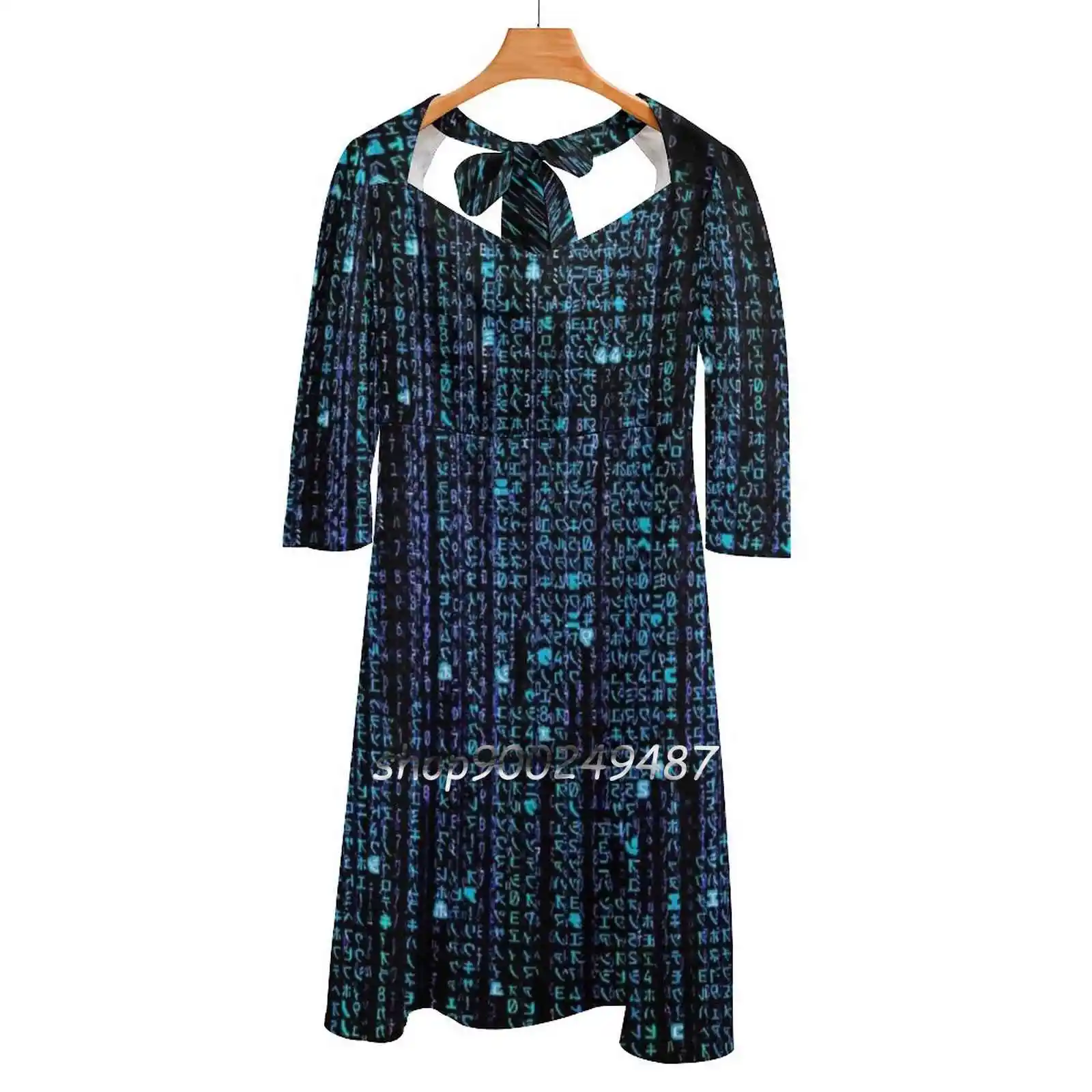 Blue Hd Matrix Digital Rain Sweet Elegant Dress Women Korean Kawaii Square Collar Dress Matrix The Matrix Revolutions Reloaded