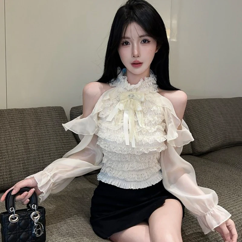 

Sexy Hanging Neck Women Shirt Patchwork Lace Tops Long Sleeved Off The Shoulder Ruffles Pullovers Blouse
