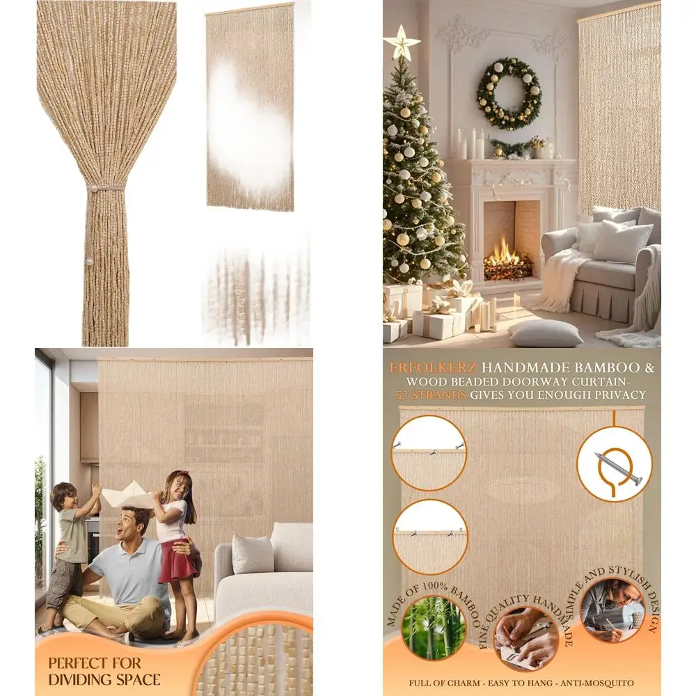 

Natural Boho Beaded Curtain, 35.5x79, Handcrafted Wood & Bamboo, Room Divider & Insect Screen, Beige