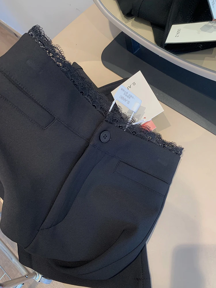 블랙 엘레강트 수트 팬츠 여성 심플 레이스 패치워크 오피스 레이디 플레어 트라우저 하이 웨이스트 슬림 핏 캐주얼 패션 여성 팬츠