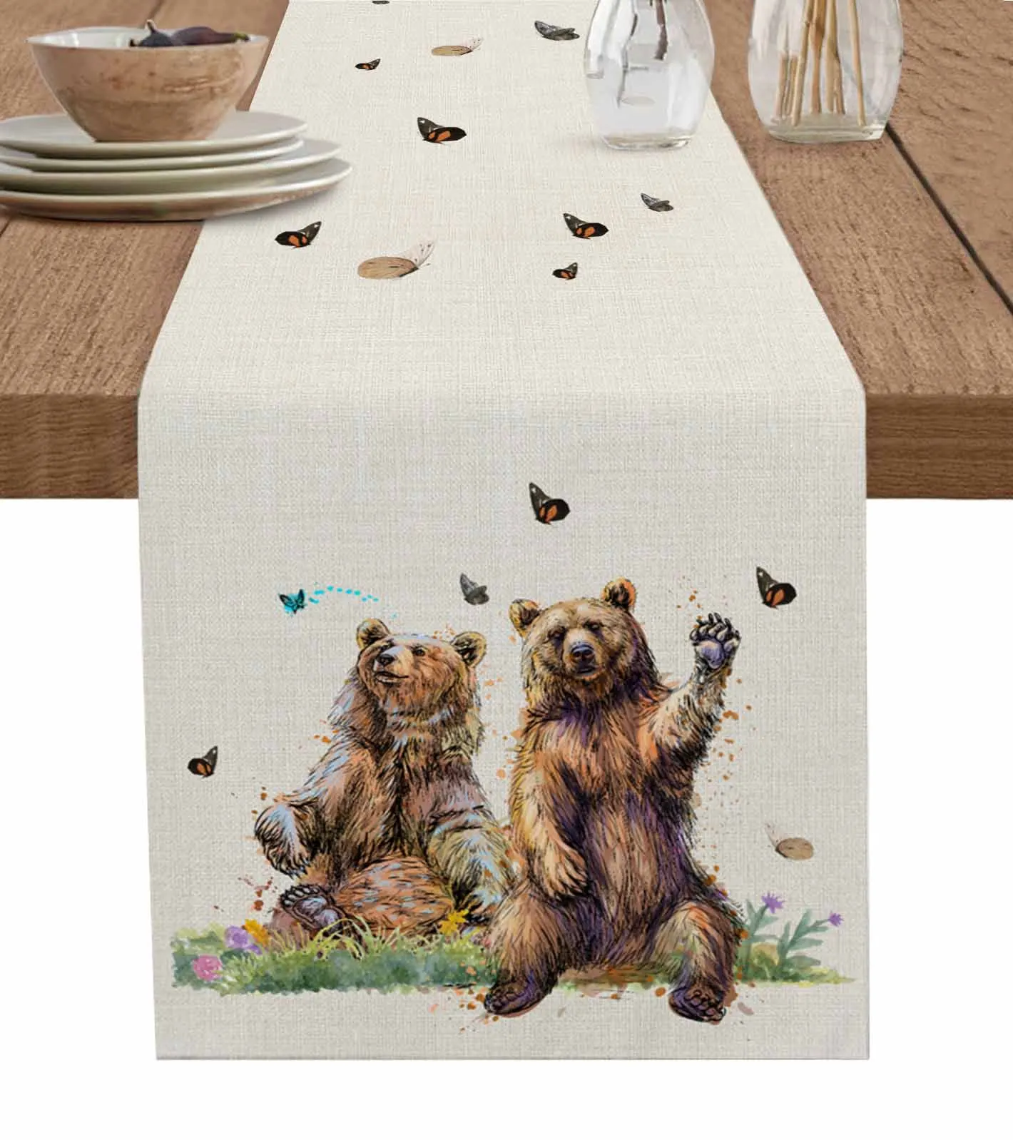 Bear Butterfly Meadow Table Runner for Dining Table Kitchen Decor Tablecloth Wedding Dining Table Runner