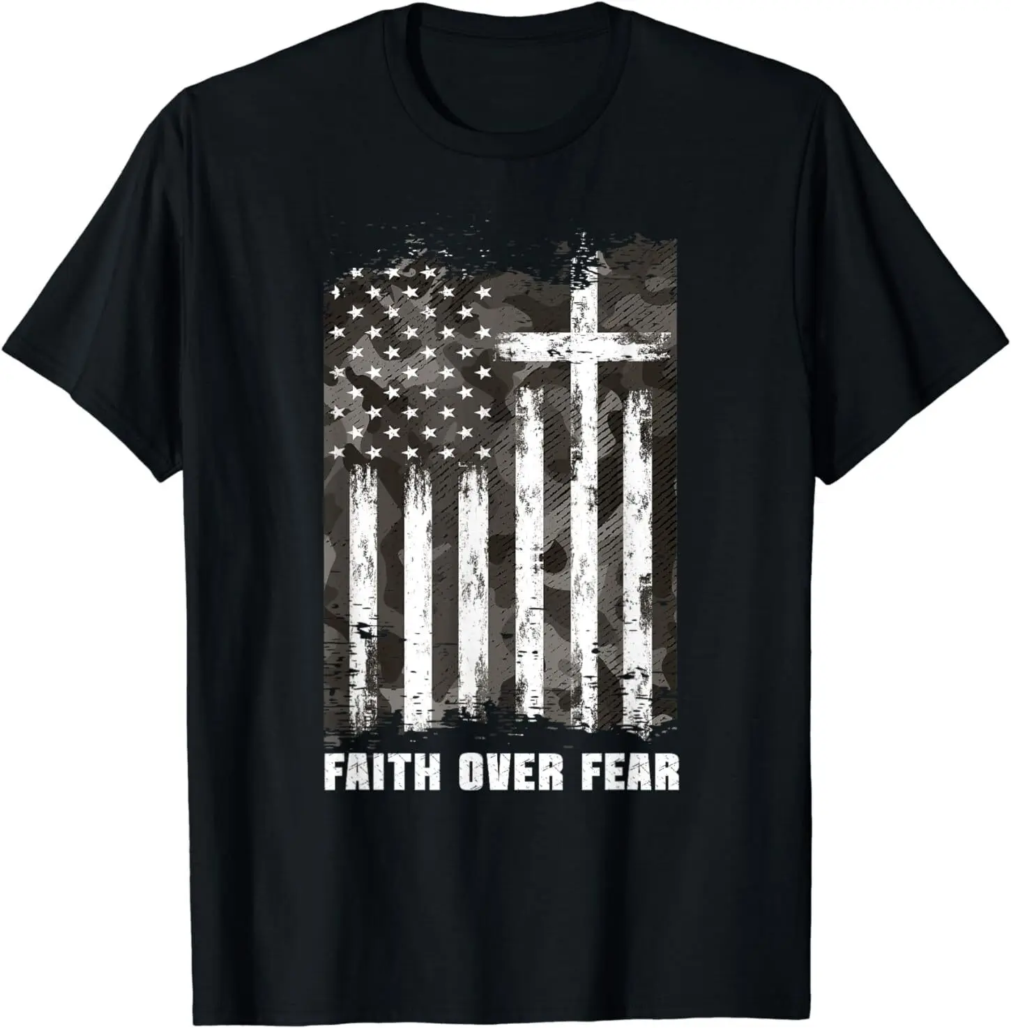 Faith Over Fear Christian Cross Camouflage American Flag T-Shirt