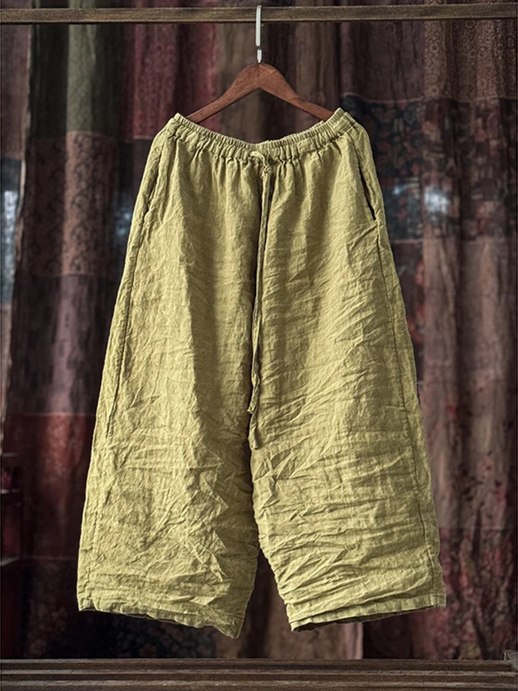 High Quality Cotton Linen Casual Pants Women New 2025 Spring Vintage Style Solid Color Female Ankle-length Harem Pants M494