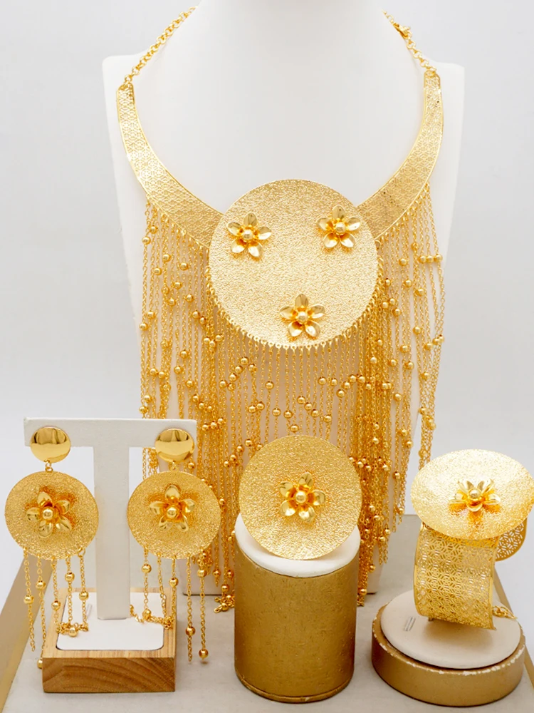 

Luxurious jewelry long wide body jewelry set golden-plated women's banquet wedding necklace set