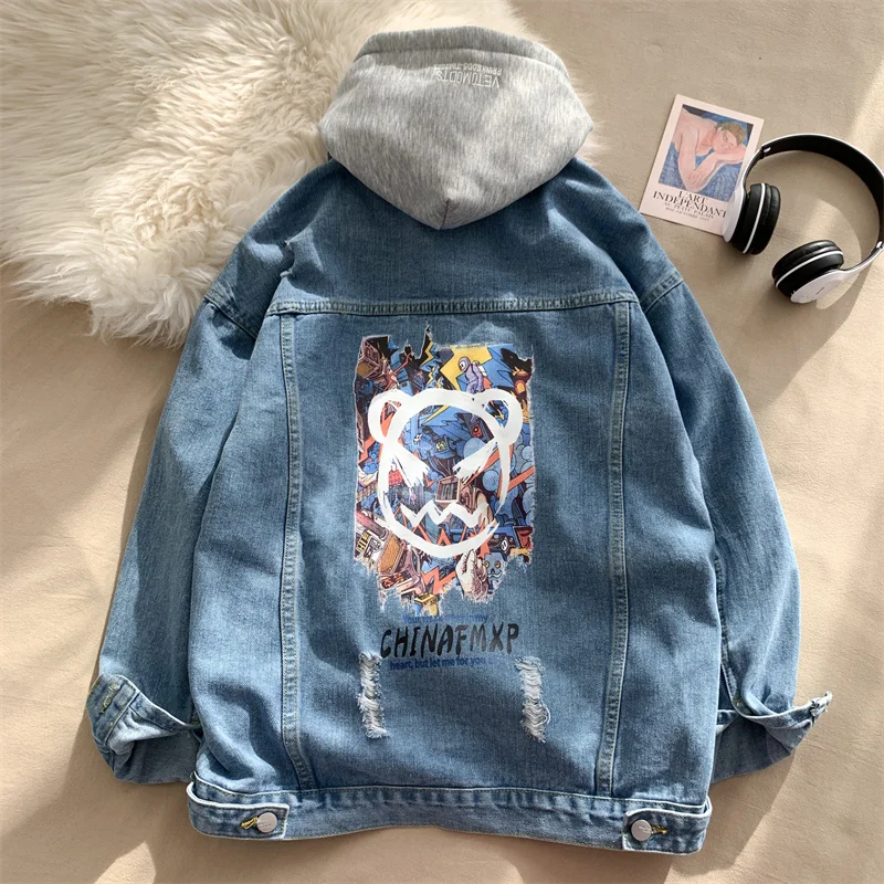 

Trendy Denim Jaet for Teenage Boys 4 Years Old Spring Autumn Hooded Coat Casual Loose Fit Long Sve Cotton Polyester