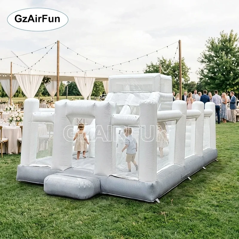 White Inflatable Bounce House Park With Slide, Full Safety Mesh Fence Inflatable Play Castle for Backyard & Commercial Event