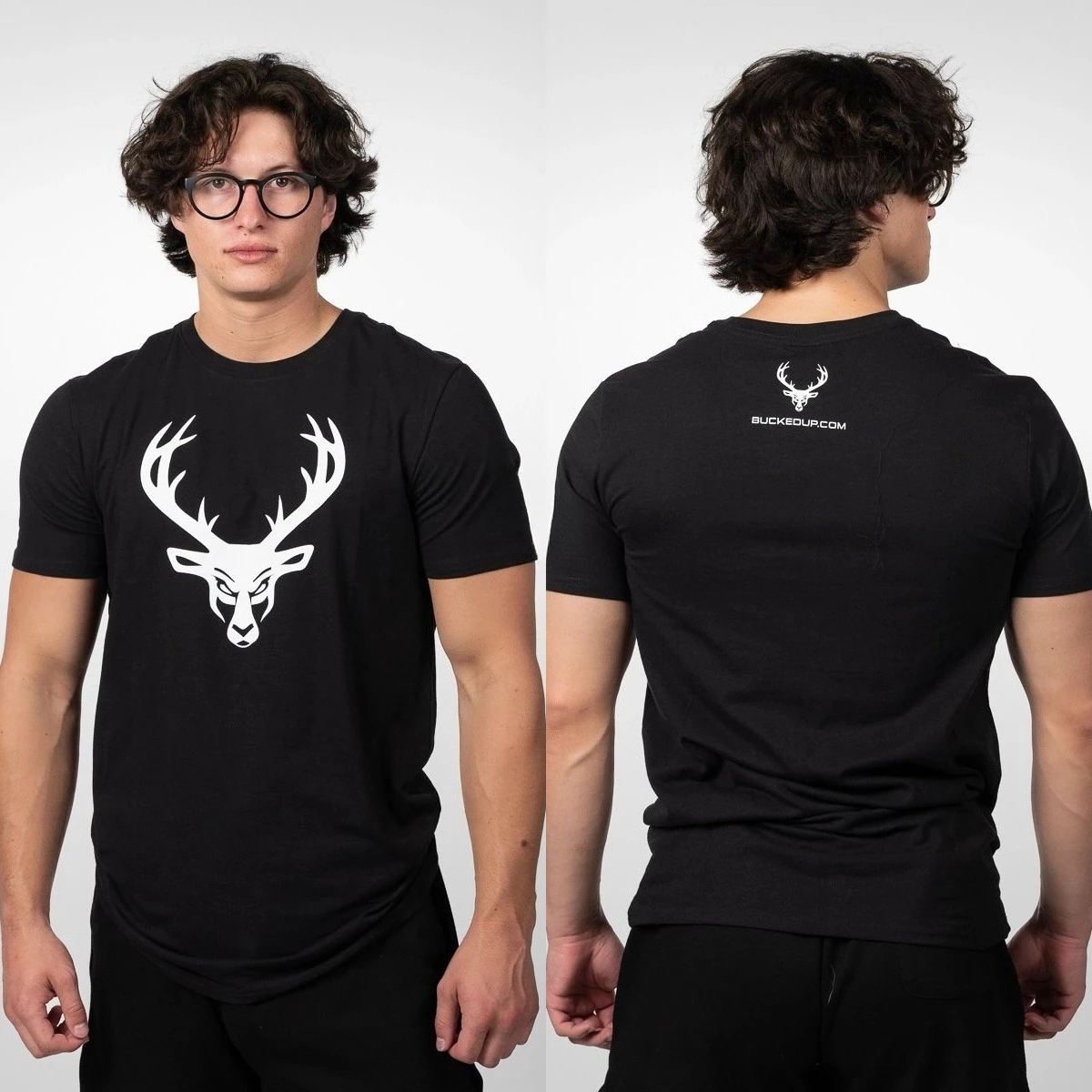 Bucked Up Deer Head Gym T-Shirt Men Slim Fit Double Sided Graphic Tee White Stag Front Logo Print Gym Bodybuilding Workout Tops