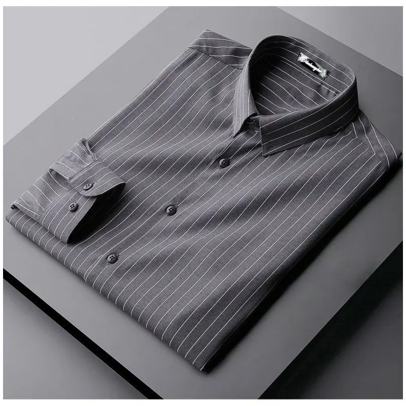 2024 New Spring and Autumn Korean Edition Trendy and Simple Casual Business Flip Collar Stripe Non Iron Formal Fit Shirt for Men