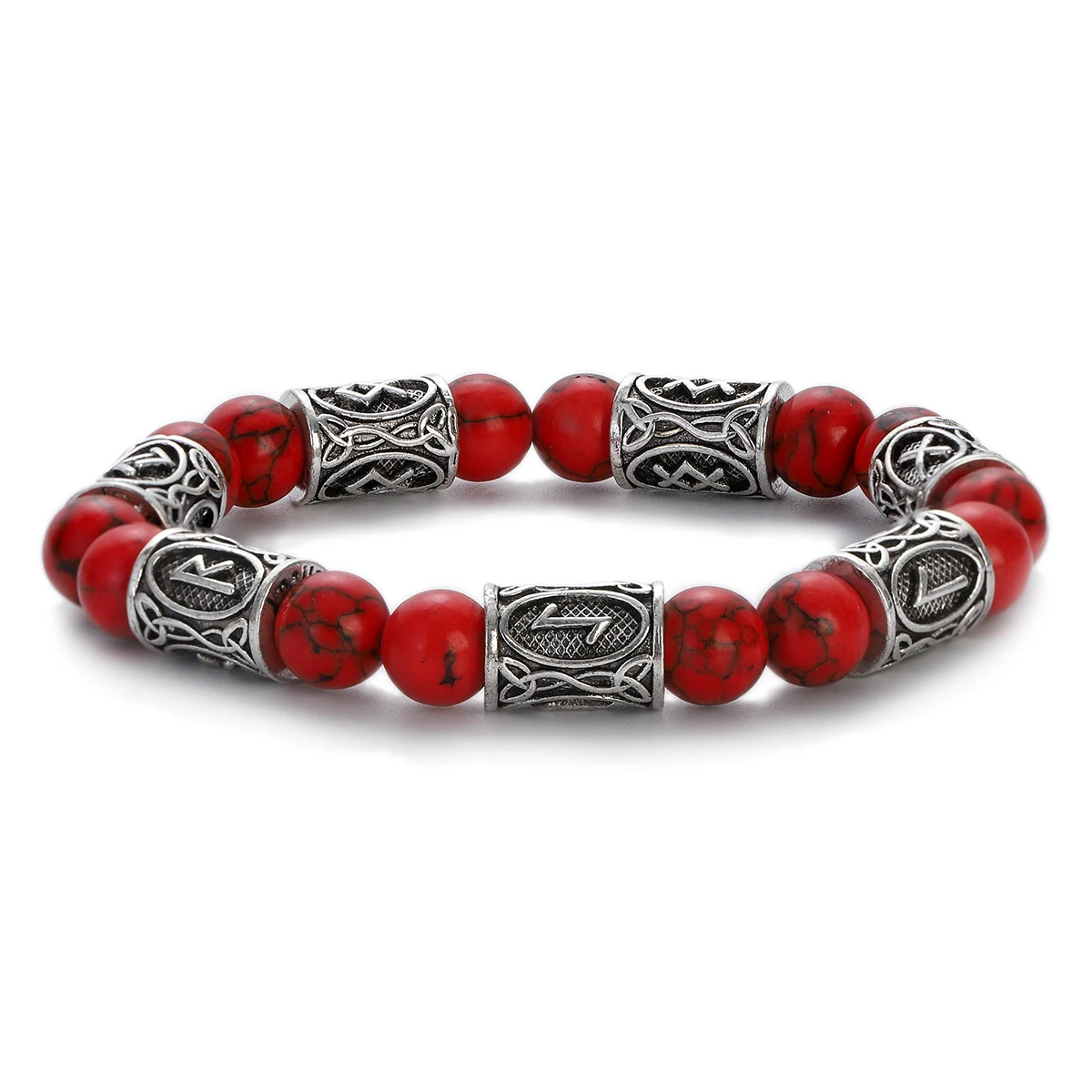 Vintage Vikings Natural Stone Bracelet Men Ethnic Rune Carved Beads Red Turquoises Bangles Charm Bracelets Homme Jewelry Gift