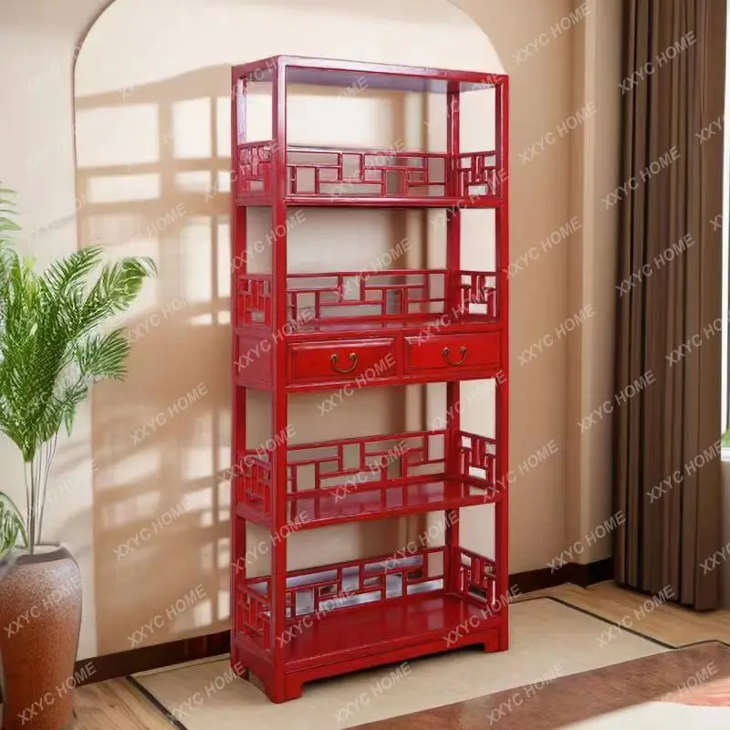 Chinese solid wood extremely narrow ultra-thin small mochi bookshelf old elm tea Bogu rack Internet celebrity creativity