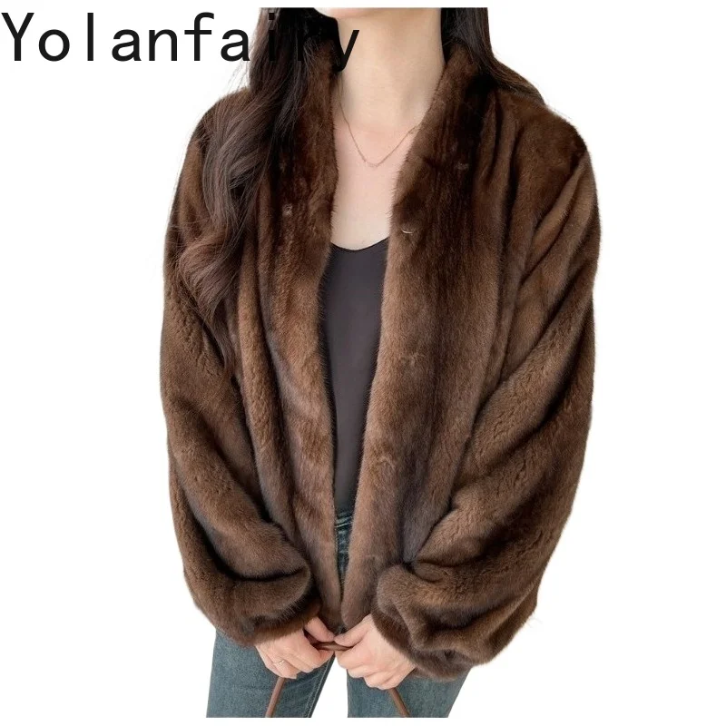 

YOLANFAIRY Real Fur Coat Woman 2026 Fashion Ladies Short Whole Mink Fur Coats V Neck Warm Fur Jacket Lxuury Winter Outerwear