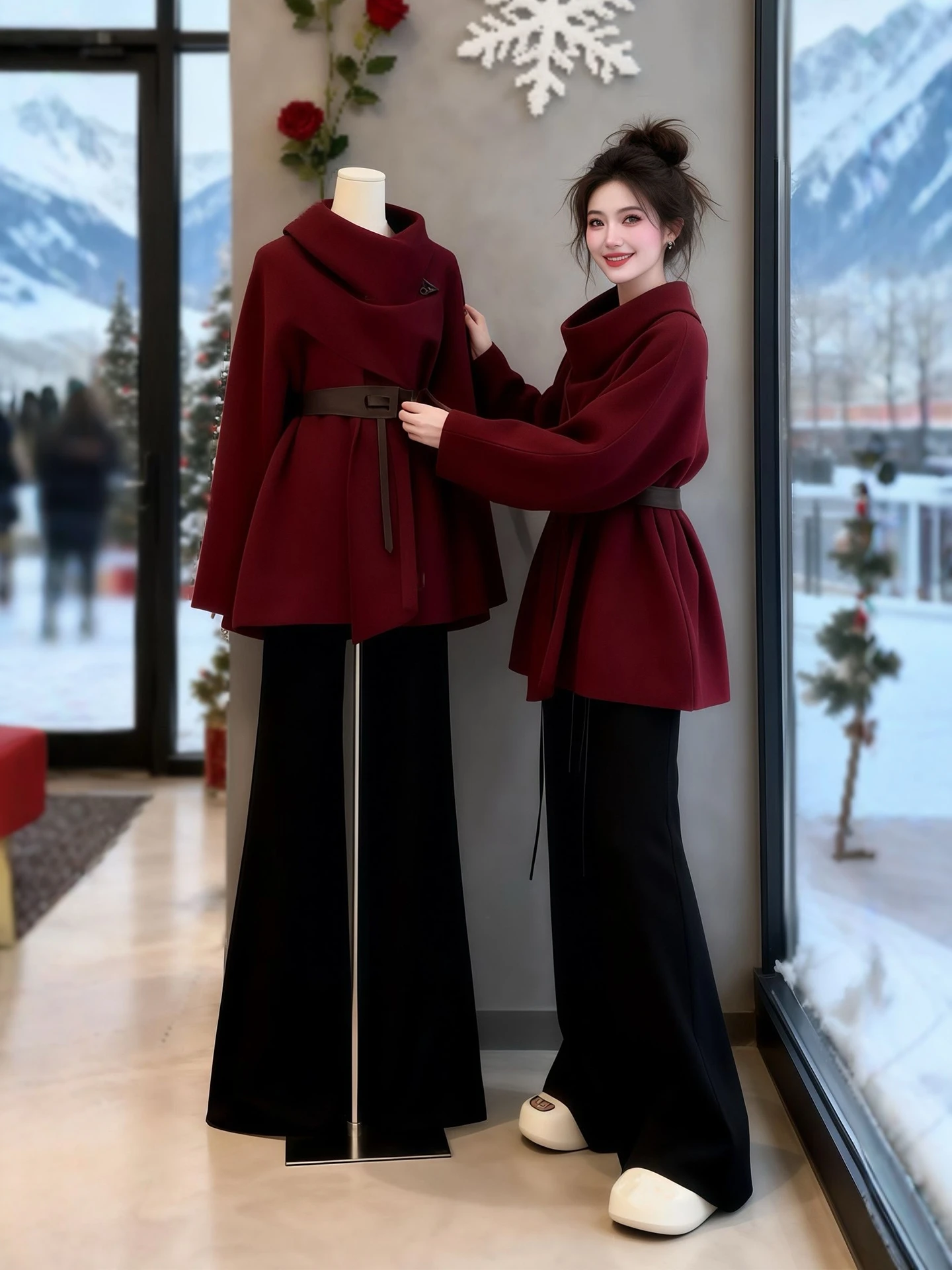 

Зимний модный комплект больших размеров для женщин: свитер-пальто, брюки с высокой талией, шарф с высоким воротником в корейском стиле.