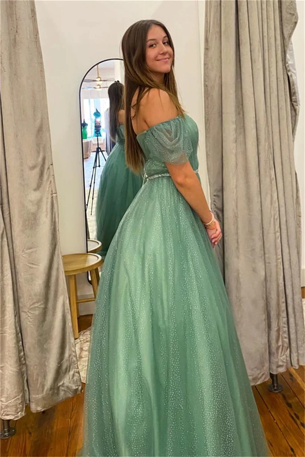 Annie vestido de novia de tul verde con mangas abullonadas y purpurina, vestido de fiesta de graduación, corsé de corte en A, Vestidos de cóctel