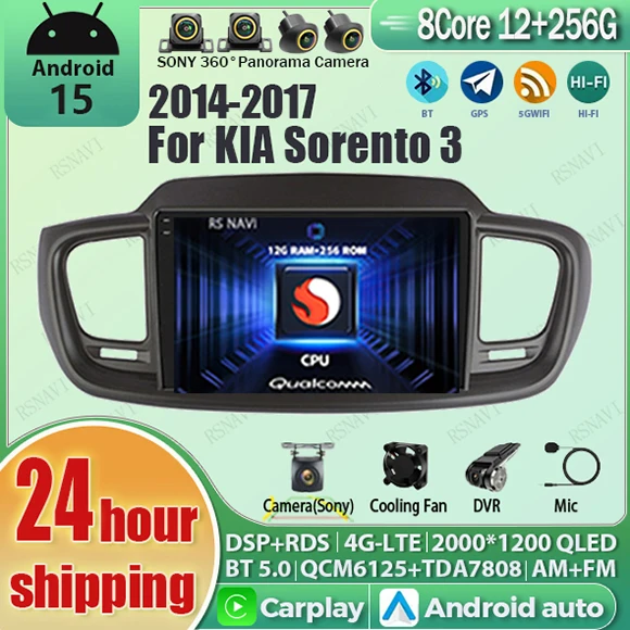 Android 15 For Kia Sorento 3 2014-2017 LHD 2K QLED Stereo Car Radio Multimedia Video Player GPS AI Voice CarPlay 4G Head Unit BT