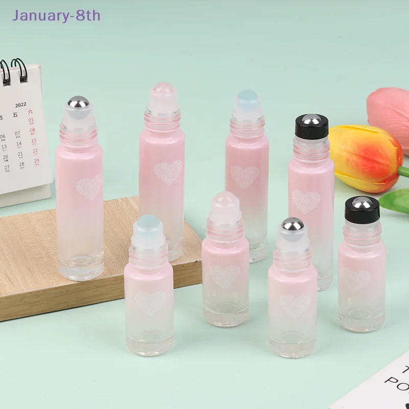 Thick Glass Roll On Bottles 5/10ml Gradient Color Empty Bottle Roller Ball Bottle For Essential Oil Travel Kit Love Shape Pink