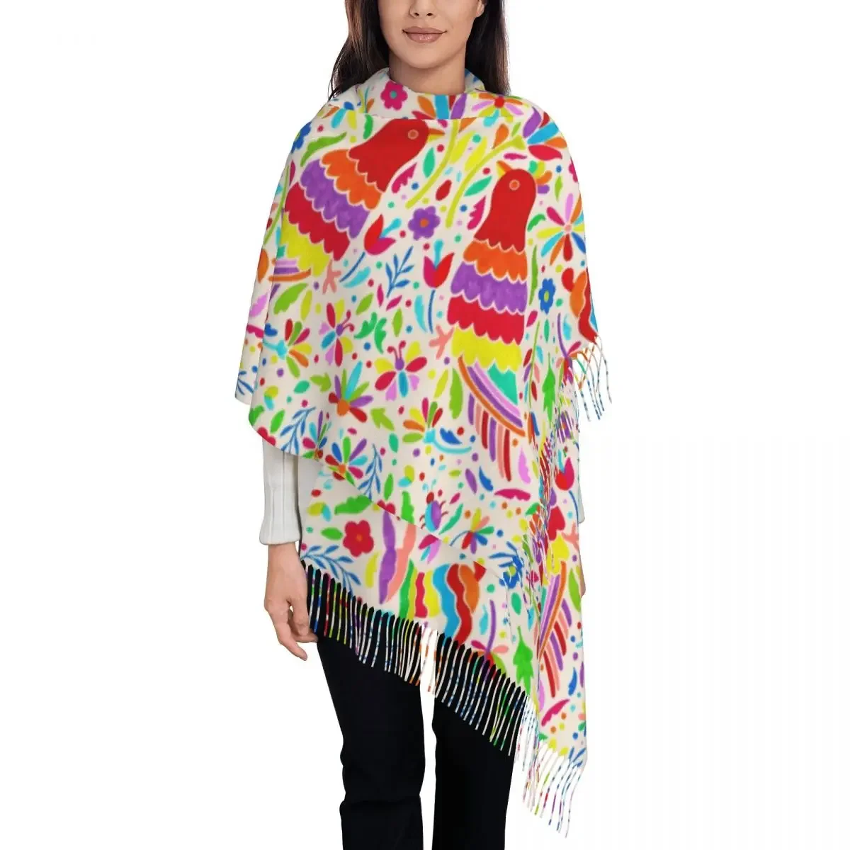 Stylish Mexican Otomi Birds Tassel Scarf Women Winter Warm Shawls Wraps Ladies Folk Floral Textile Scarves