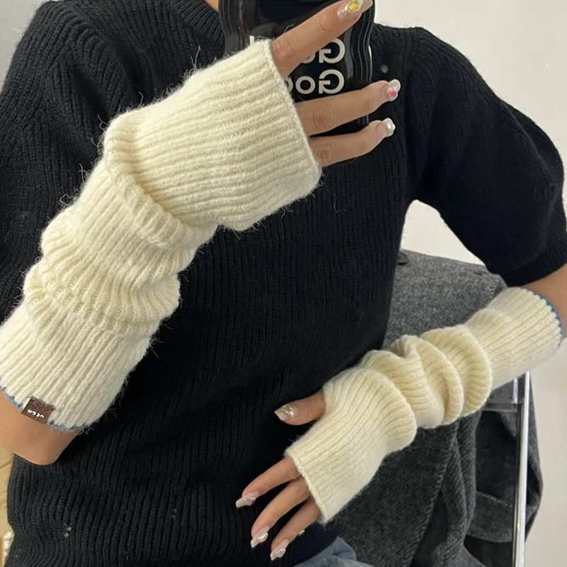 Women Long Fingerless Gloves Soft Female Glove Lolita Kawaii Mitten Winter Warmer Knitted Arm Sleeve Girls Punk Gothic Gloves