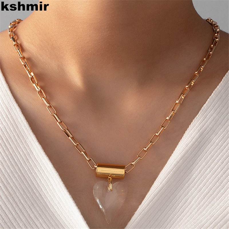 kshmir 2022 fashion glass heart necklace metal retro necklaces link long button women's jewelry accessories gift