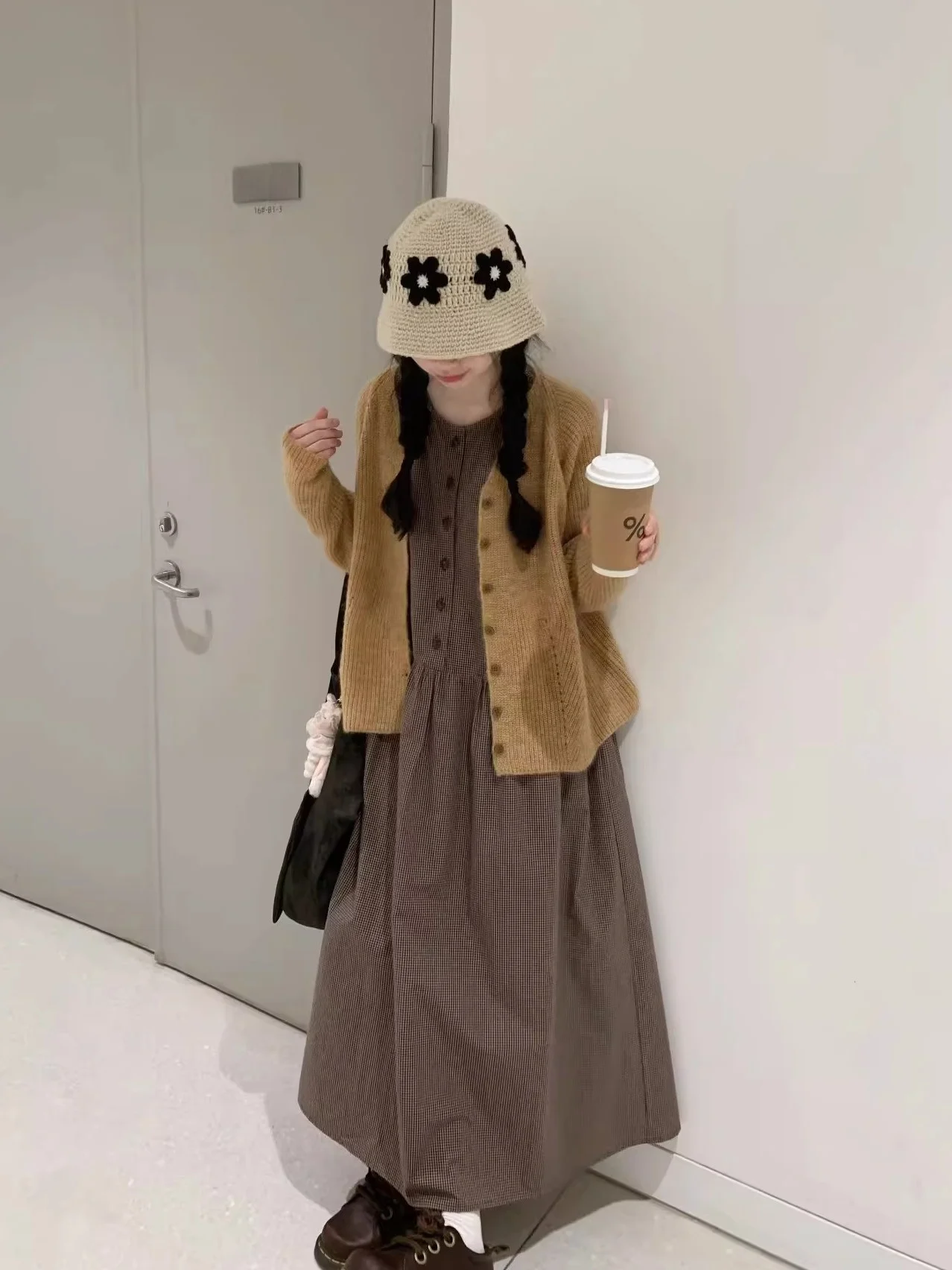 Early Taste Knitted Cardigan And Plaid Dress Two-Piece Set for Women Autumn Warmth Fashion Retro Style High Waist V-Neck Butt...