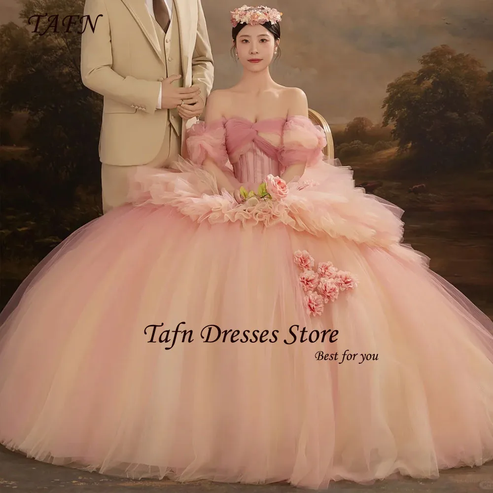 

TAFN 2025 Pink Wedding Dresses Sweetheart Collar A-line Sweep Train Off the Shoulder Bridal Gown Elegant 한국 웨딩드레스 Photo Shoot