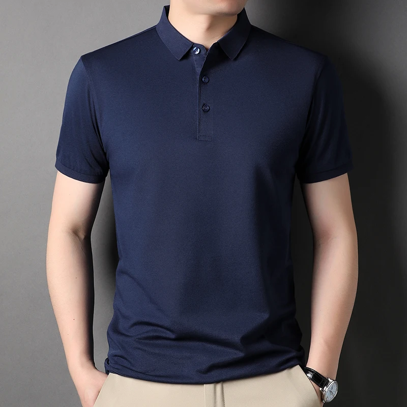 Polo de algodón 50% de gama alta para hombre, camiseta de manga corta informal, Tops de Color sólido, ropa de moda para hombre 2023