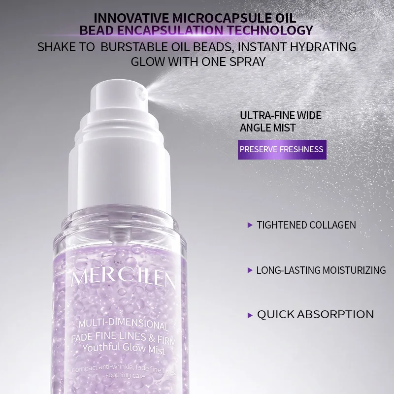 MERCILEN Straffendes Feuchtigkeitsspray 100ml enthält Niacinamid, Kollagen und pflanzliches Squalan, um die Haut mit Feuchtigkeit zu versorgen, Falten weniger sichtbar zu machen, die Haut zu straffen und zu nähren, sie aufzuhellen und das Hautbild jünger wirken zu lassen. – Detail 4