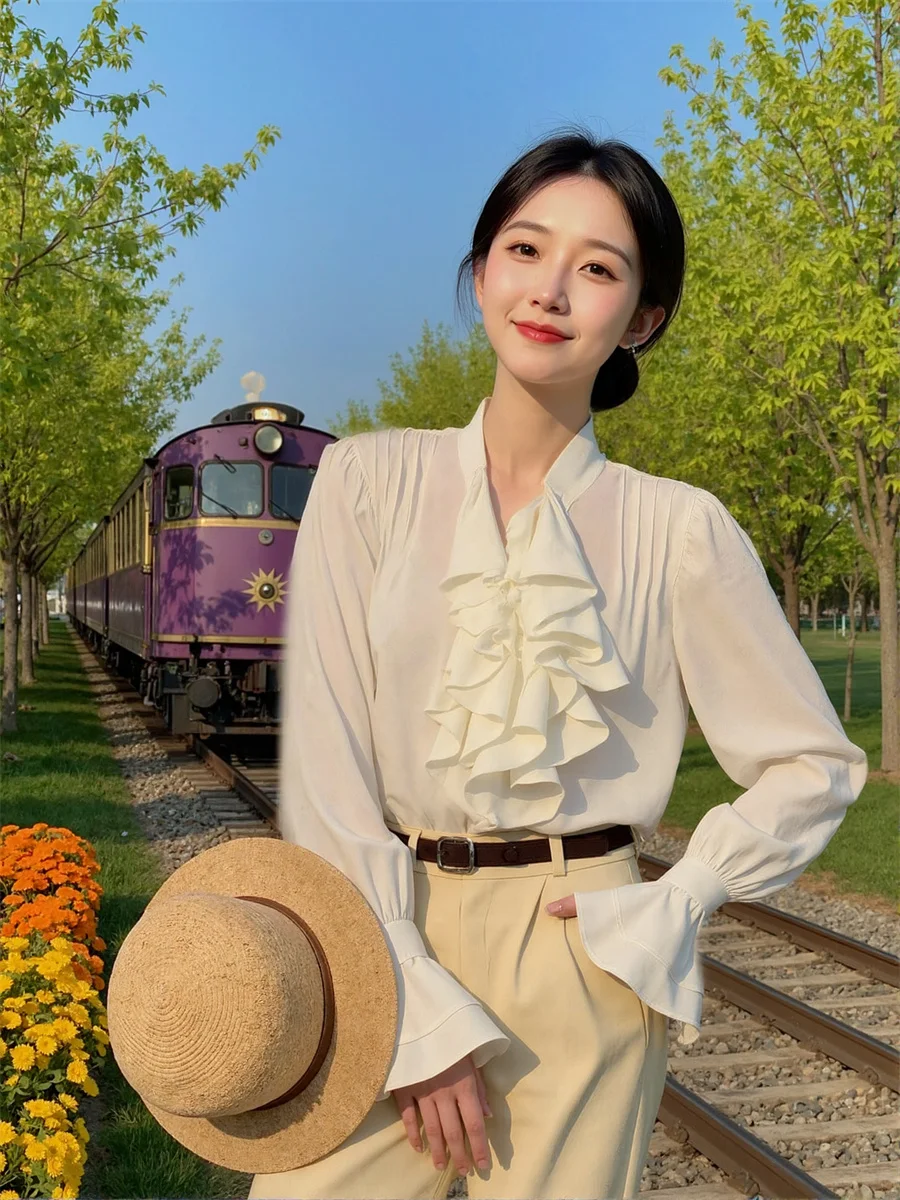 Koszule w stylu francuskim z falbankami, japońskie bluzki, świąteczne ubrania damskie, jesienne siateczkowe bluzki dla dziewcząt, designerskie, eleganckie, na weekend, szykowne.