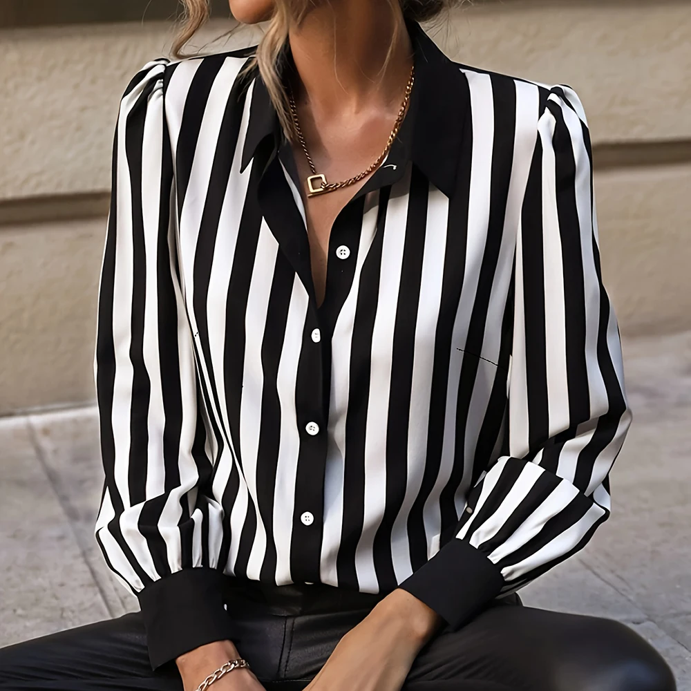 Women\'S Shirt Fashion Striped Print Long Sleeve Shirt Women\'S Large Size Lapel Button Down Shirt Casual Elegant Evening Dress