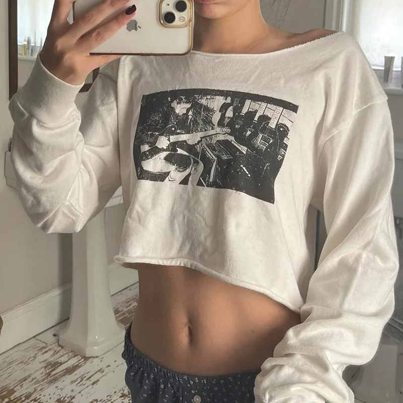 

Harajuku Y2K Vintage High Street Print O Neck Long Sleeves Pullover Crop Top Autumn Women Streetwear Baby Top