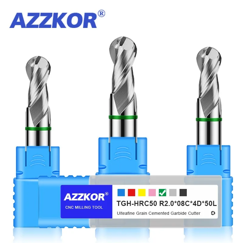 AZZKOR TGH-HRC50 2-Flute Tungsten Steel Carbide For Aluminum Woodworking Milling Cutter CNC Machining Center Ball Nose End Mills