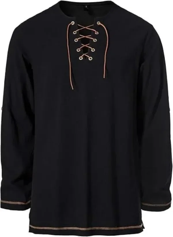 Mittelalterliches Schnürhemd für Herren mit Gürtel, langärmelig, Vintage-Piraten-Wikinger-Oberteil, Halloween-Cosplay-Kostüm, lässige Bluse – Detail 15