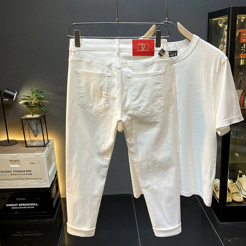 Summer slim fit jeans for men, casual, simple, versatile, fashionable, classic, solid color, elastic denim pants