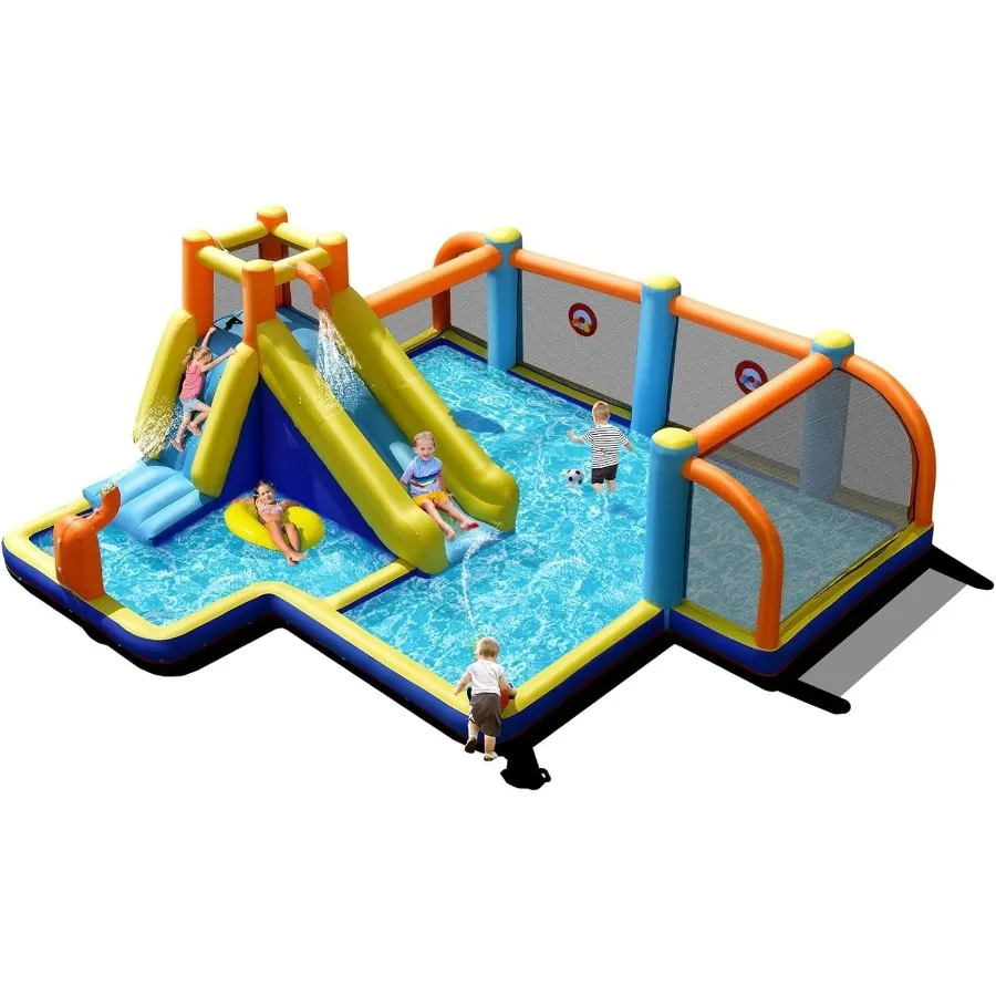 Toboggan aquatique gonflable 8 en 1, maison de rebond, parc aquatique avec buts de football, piscine anti-éclaboussures, mur d'escalade, pistolets à eau, jeu de cible, extérieur
