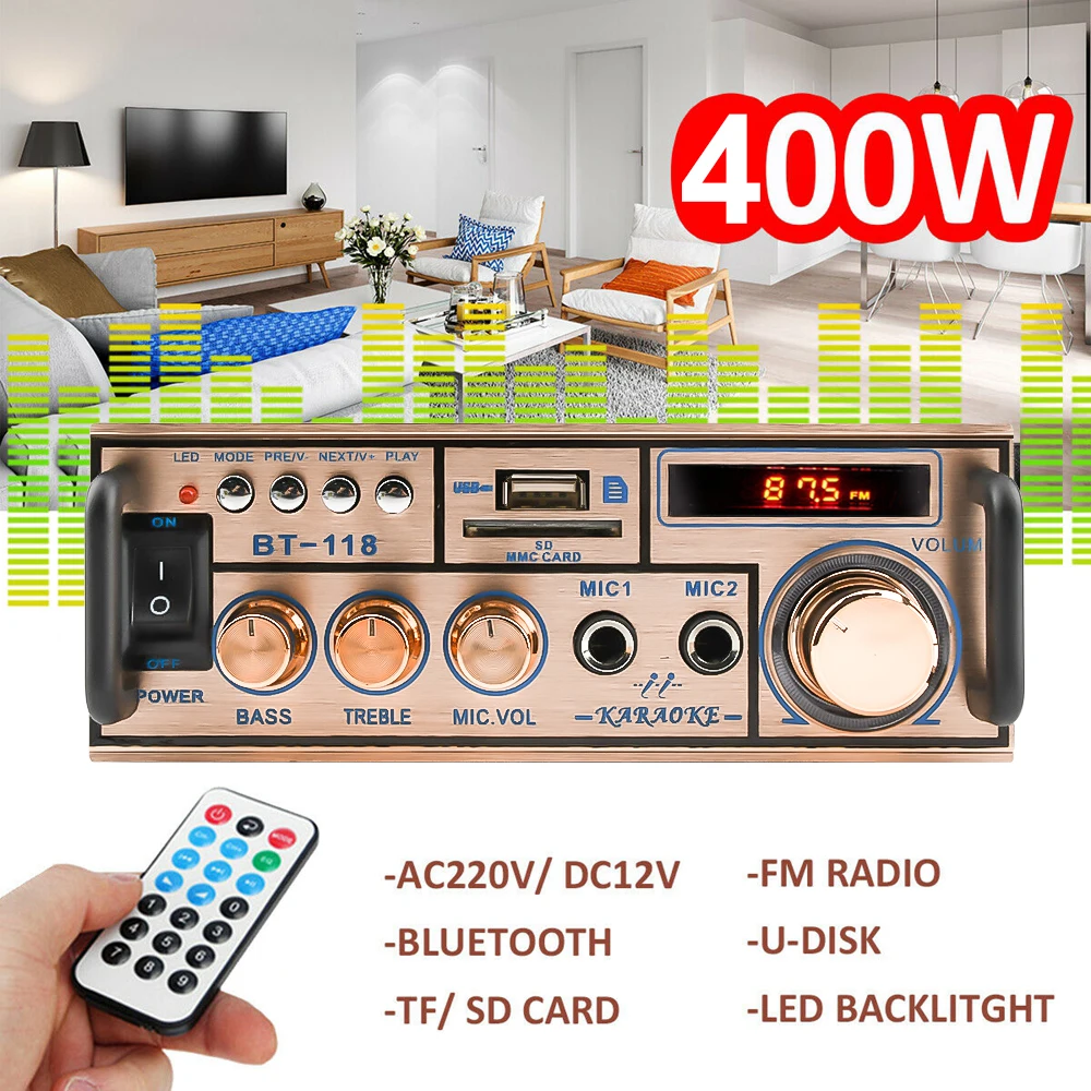 

Mini HiFi Digital Bluetooth Audio Power Amplifier 12V/ 220V 2CH LCD Display Digital Bluetooth FM Radio Car Home Amplifiers