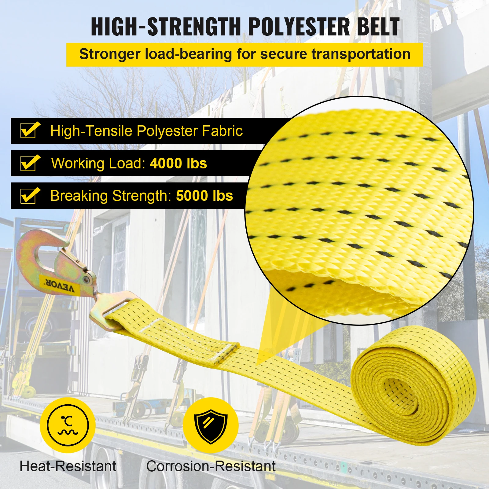 VEVOR 4000ปอนด์ความจุ Ratchet Tie Down Straps 2 "กว้างโพลีเอสเตอร์ชุด Snap ตะขอสำหรับค่าเฉลี่ยรถจักรยานยนต์และสินค้า
