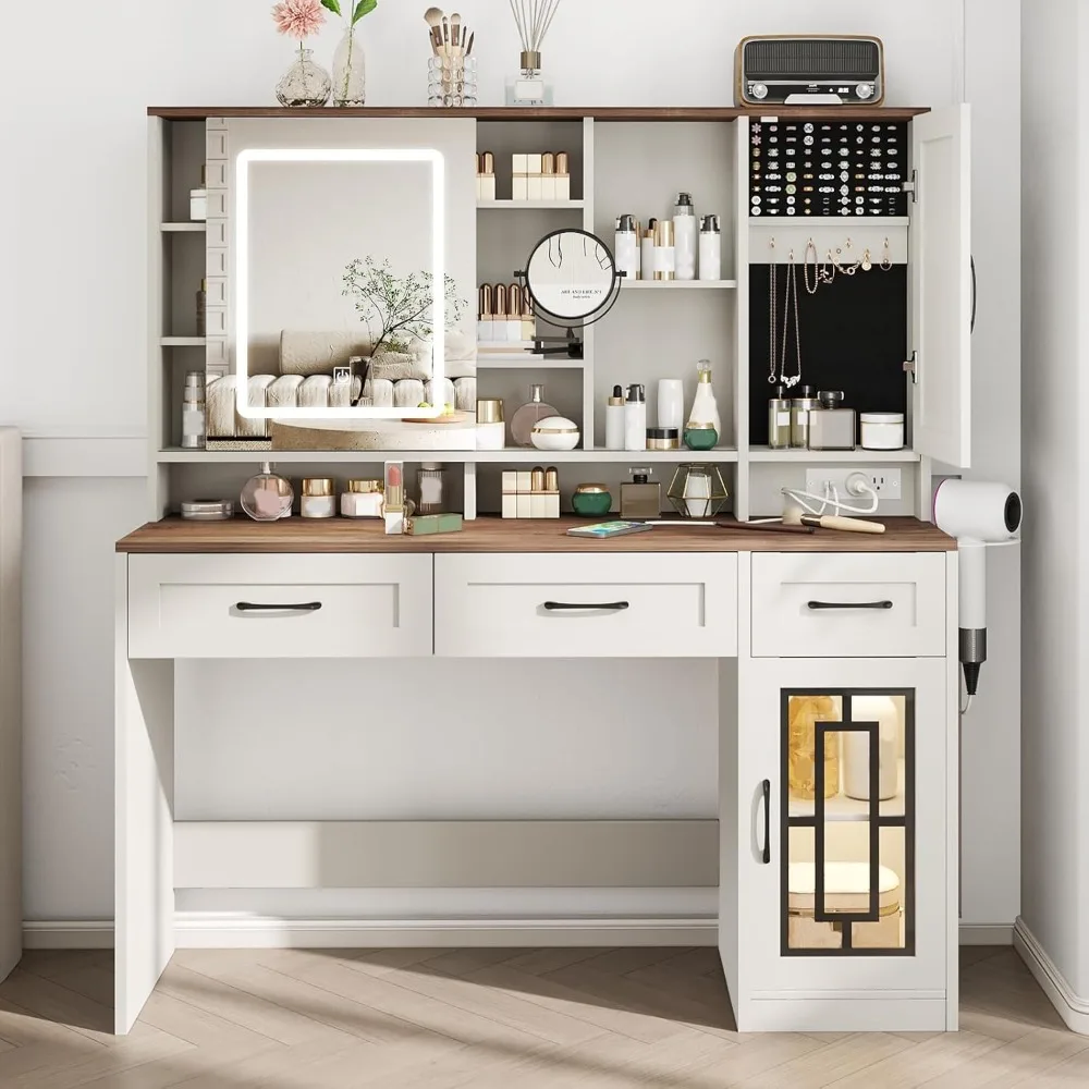 Vanity Desk with Mirror and Lights, Makeup Table with Drawers & Jewelry Cabinet, Large Vanity with Storage, Bedroom Dressing Ta