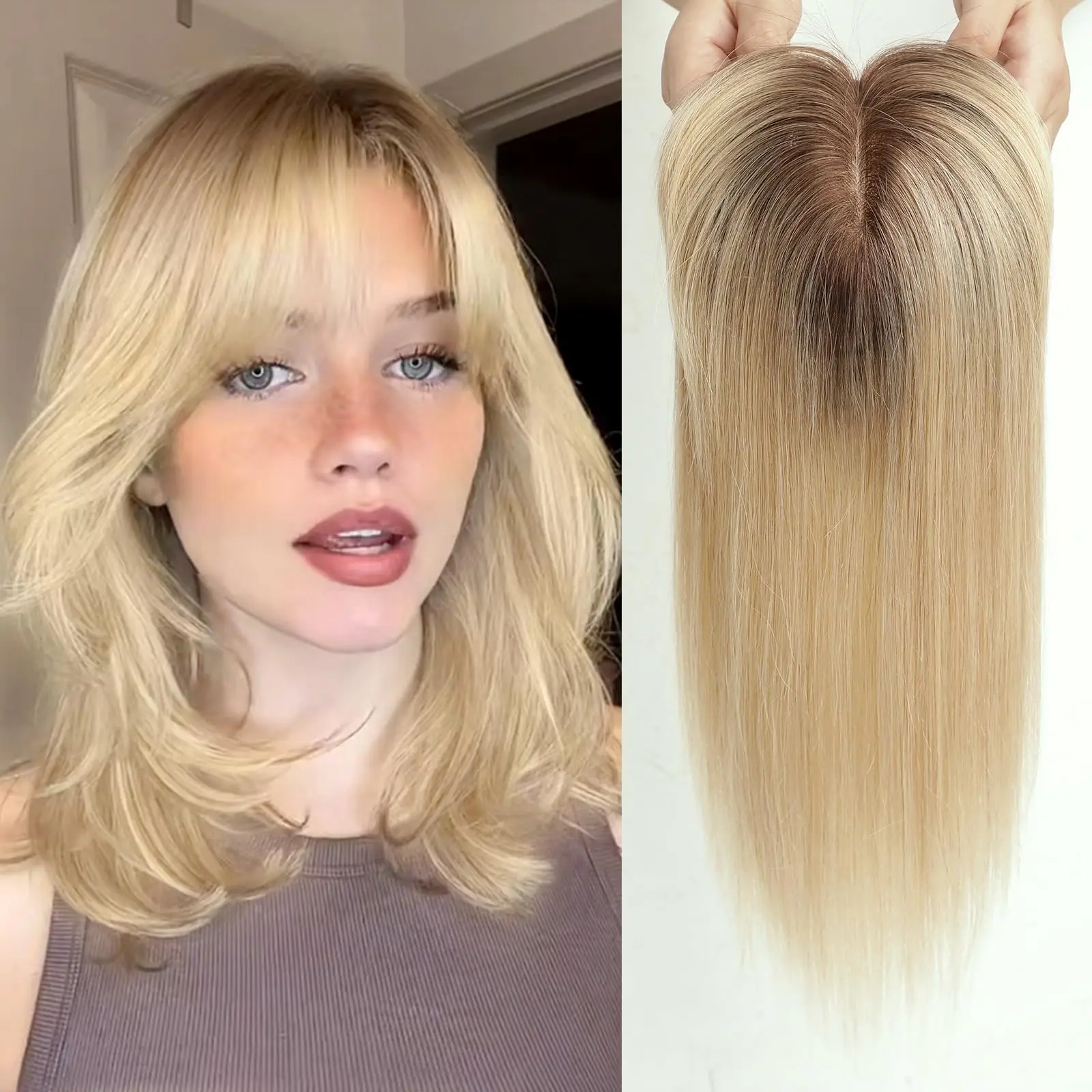 Ombre Blonde Straight Remy Human Hair Toppers with Bangs Toupee Hair Piece Silk Base Clip in Topper Top Hair for Hair Loss Women