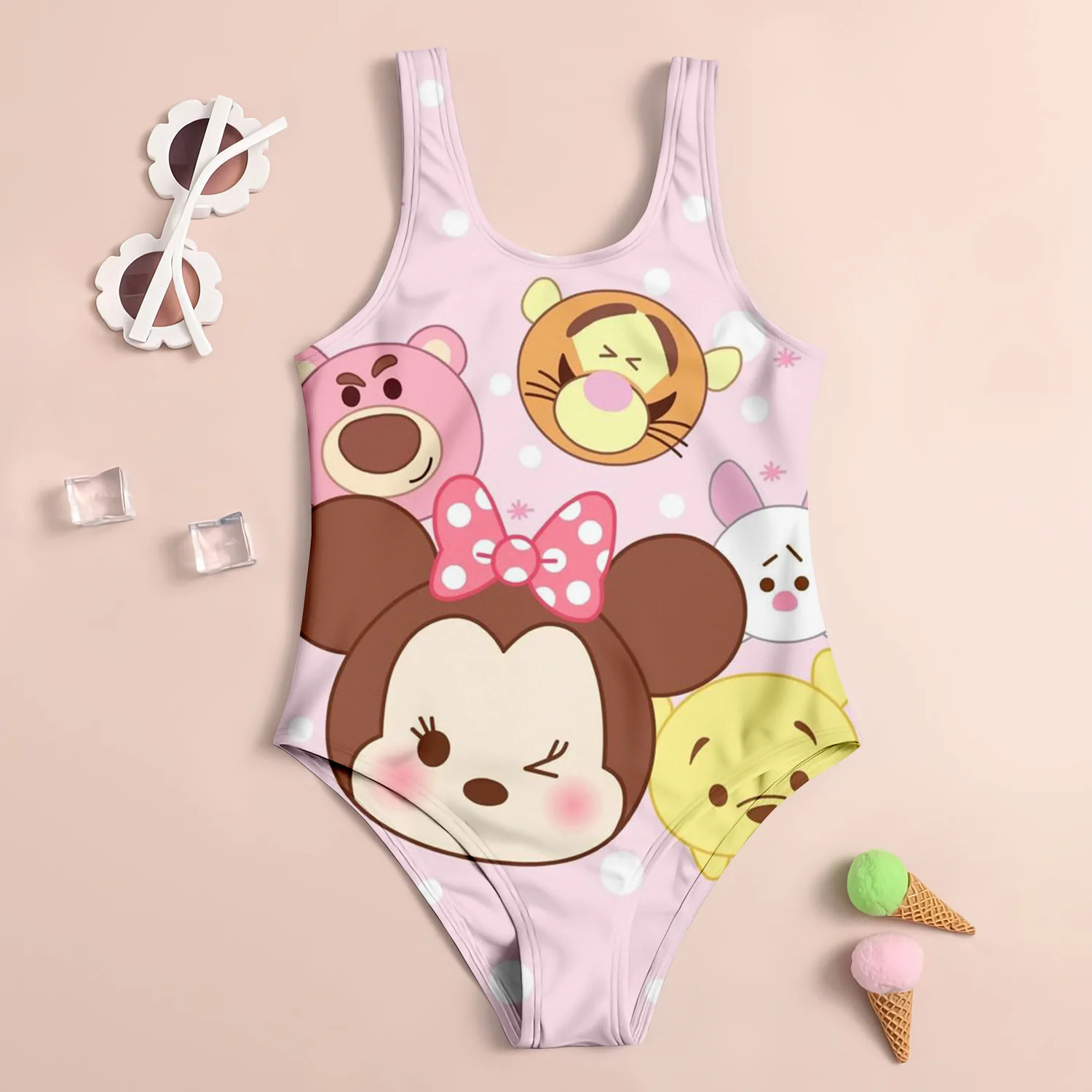 New MINISO Girls One Piece Swimsuit Fashion Cartoon Kuromi & Minnie Mouse 3d Print Kids Sleeveless Swimwear Children\'s Swimwear