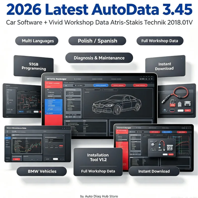 2026 latest AutoData 3.45 Car Software + Vivid Workshop Data Atris-Stakis Technik 2018.01V Multi languages Polish Spanish